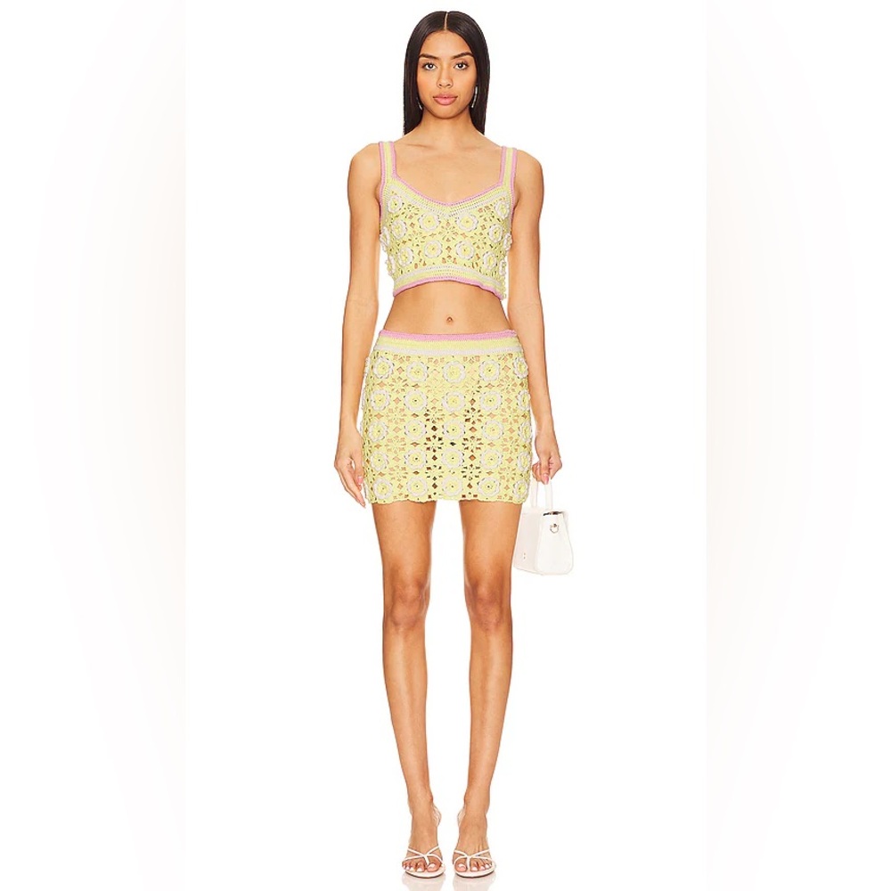 Lovers + Friends Pink and Yellow Crochet Top and Skirt